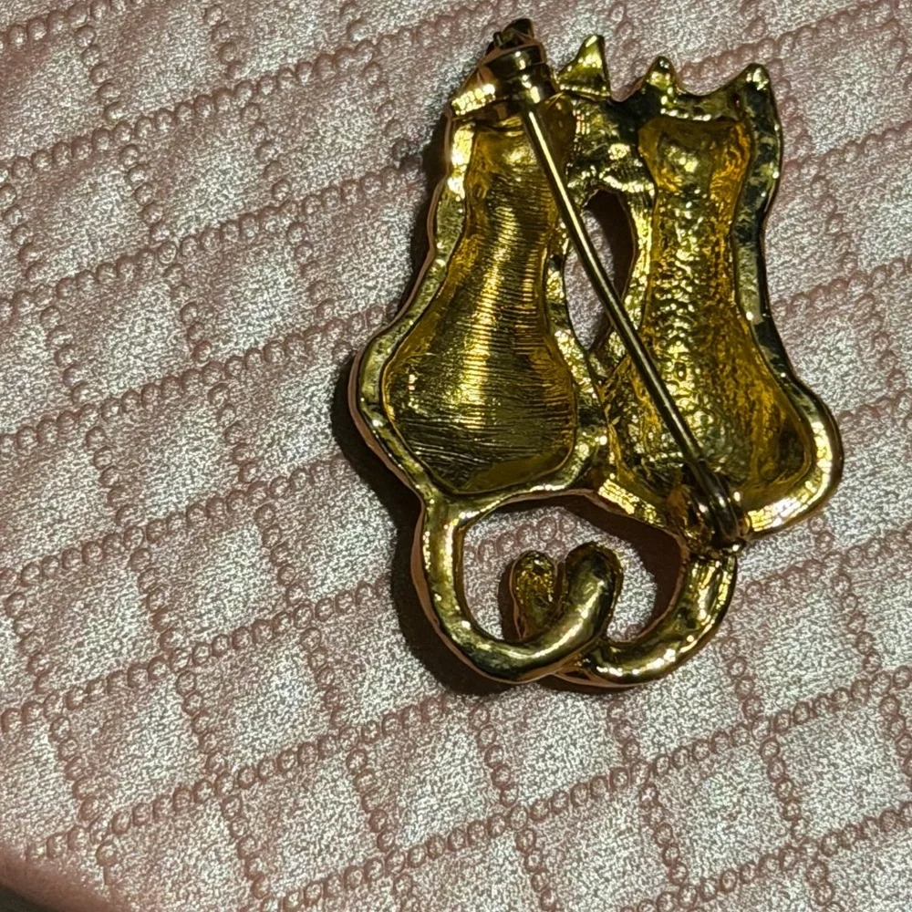 Cat Brooch - Black and Cream with Rhinestones in Gold Tone